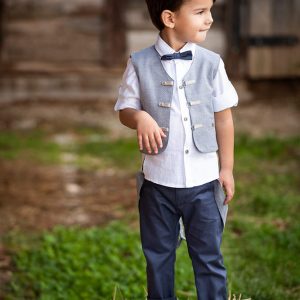 Βαπτιστικό κοστούμι αγόρι γκρι μπλε με ψαθάκι Vinte Li 3905